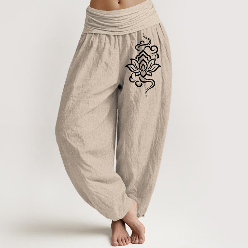 Buddha Stones Spodnie damskie typu harem z bawełny w prosty wzór lotosu z elastyczną talią - Dębnik - US16, UK/AU20, EU48 (3XL) - image 0