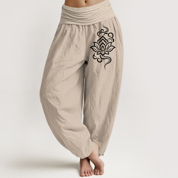 Buddha Stones Spodnie damskie typu harem z bawełny w prosty wzór lotosu z elastyczną talią - Dębnik - US16, UK/AU20, EU48 (3XL) - image 0