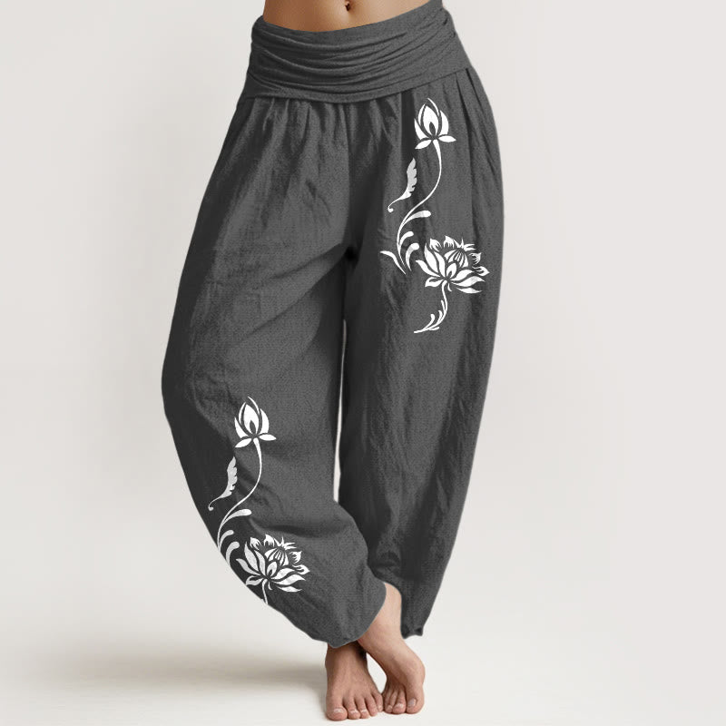 Buddha Stones Spodnie damskie haremowe z elastycznej talii z motywem płatków lotosu, bawełniane, stabilne - DimGray - US16, UK/AU20, EU48 (3XL) - image 8