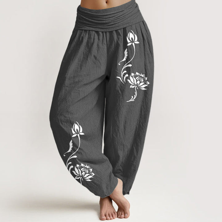 Buddha Stones Spodnie damskie haremowe z elastycznej talii z motywem płatków lotosu, bawełniane, stabilne - DimGray - US16, UK/AU20, EU48 (3XL) - image 8