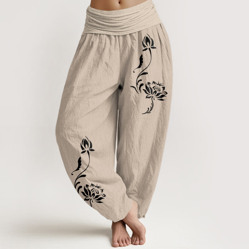 Buddha Stones Spodnie damskie haremowe z elastycznej talii z motywem płatków lotosu, bawełniane, stabilne - Dębnik - US16, UK/AU20, EU48 (3XL) - image 11