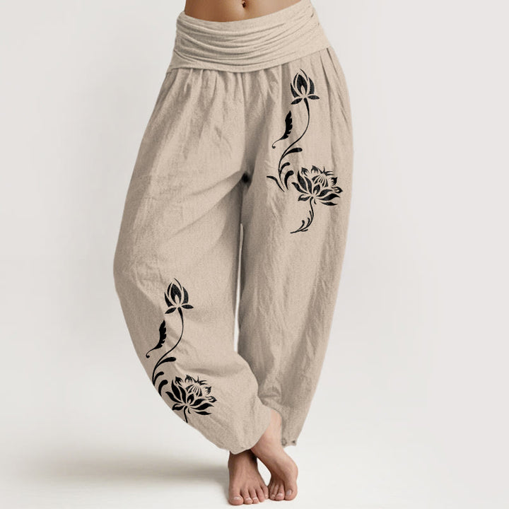 Buddha Stones Spodnie damskie haremowe z elastycznej talii z motywem płatków lotosu, bawełniane, stabilne - Dębnik - US16, UK/AU20, EU48 (3XL) - image 11