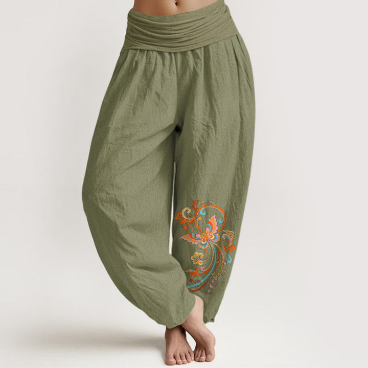 Buddha Stones Damskie spodnie haremowe z elastyczną talią i wzorem motyli w chmurki bez bawełny - Oliwkowy - US16, UK/AU20, EU48 (3XL) - image 14