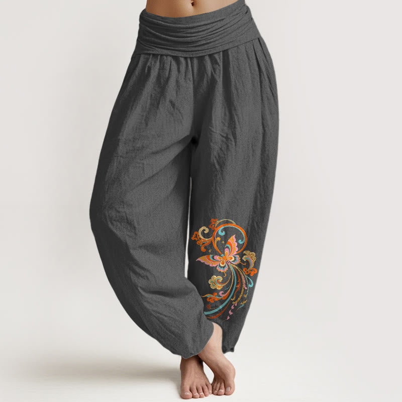 Buddha Stones Damskie spodnie haremowe z elastyczną talią i wzorem motyli w chmurki bez bawełny - DimGray - US16, UK/AU20, EU48 (3XL) - image 8