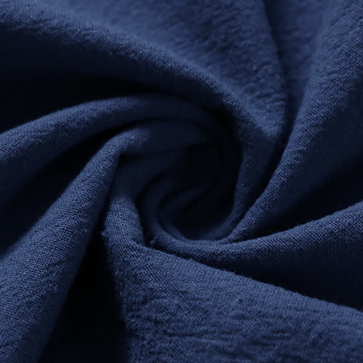 Buddha Stones Jednokolorowa męska koszulka z bawełny i lnu z krótkim rękawem i kołnierzykiem z wycięciem w kształcie żaby - image 7