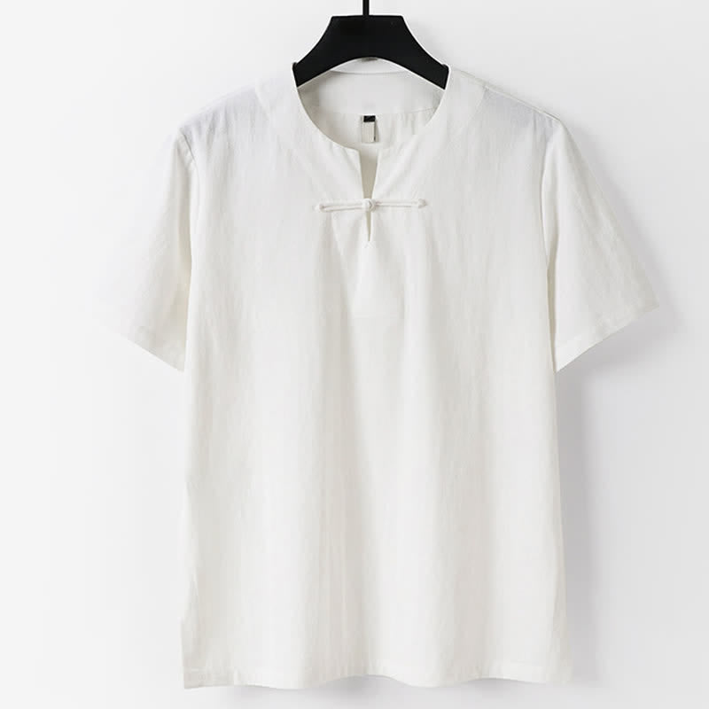 Buddha Stones Jednokolorowa męska koszulka z bawełny i lnu z krótkim rękawem i kołnierzykiem z wycięciem w kształcie żaby - Biały - USA/ UK/AU56, EU66 (9XL) - image 1