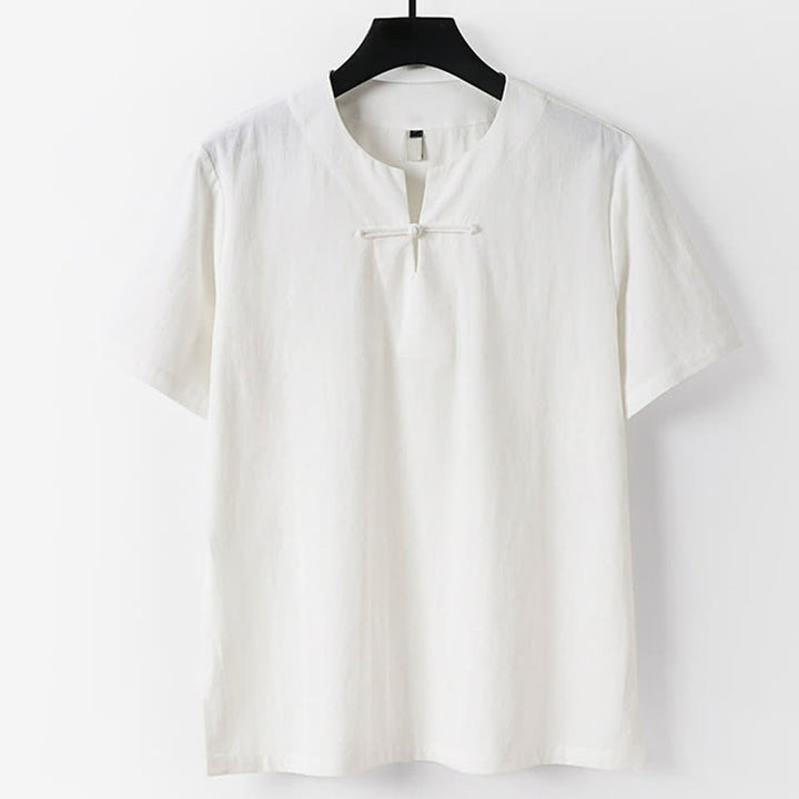 Buddha Stones Jednokolorowa męska koszulka z bawełny i lnu z krótkim rękawem i kołnierzykiem z wycięciem w kształcie żaby - Biały - USA/ UK/AU56, EU66 (9XL) - image 1