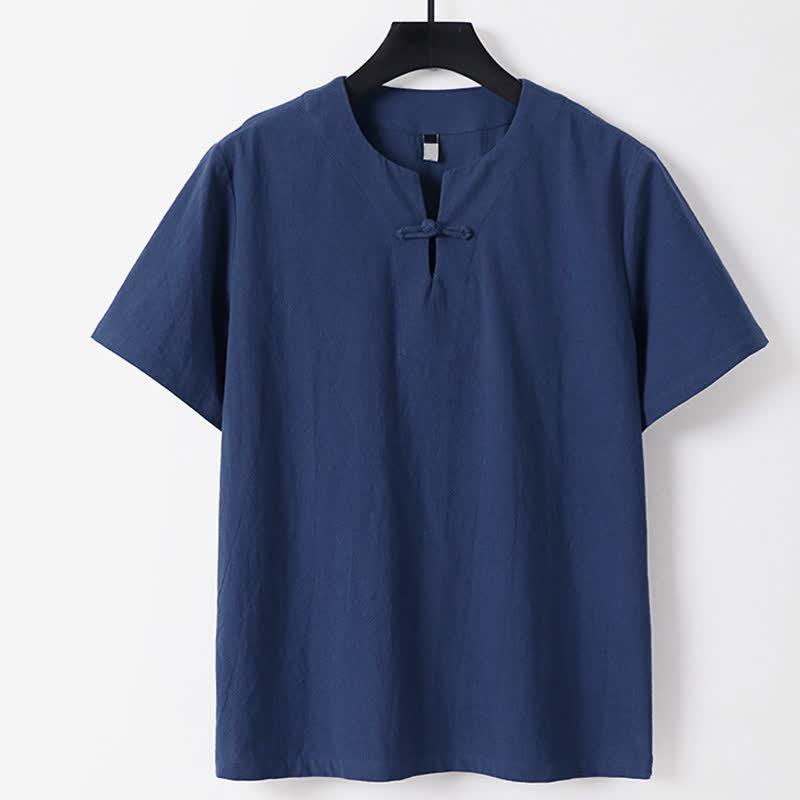 Buddha Stones Jednokolorowa męska koszulka z bawełny i lnu z krótkim rękawem i kołnierzykiem z wycięciem w kształcie żaby - Ciemnoniebieski - USA/ UK/AU56, EU66 (9XL) - image 3