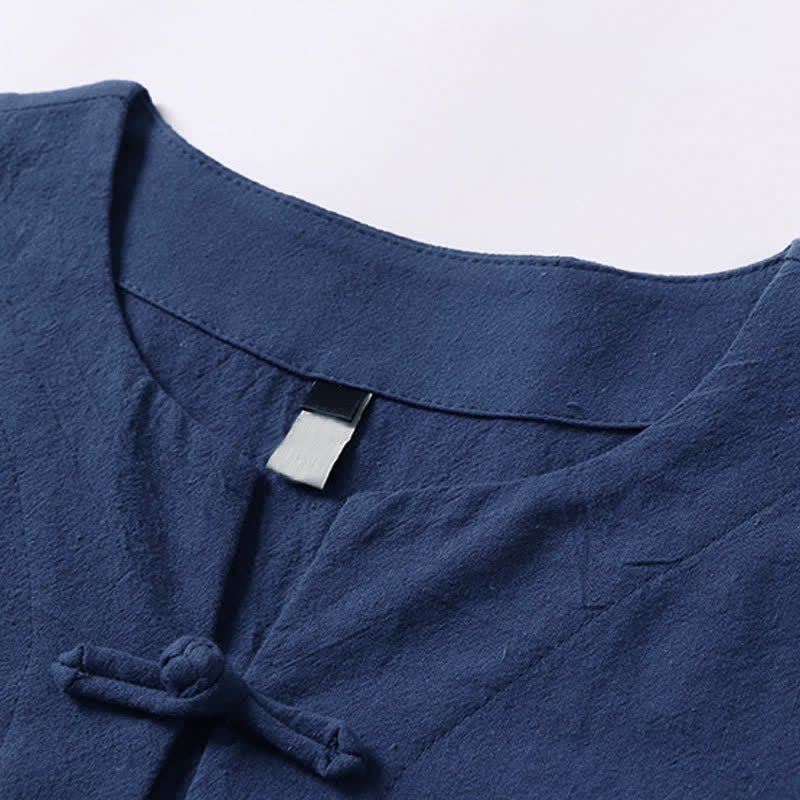 Buddha Stones Jednokolorowa męska koszulka z bawełny i lnu z krótkim rękawem i kołnierzykiem z wycięciem w kształcie żaby - image 5