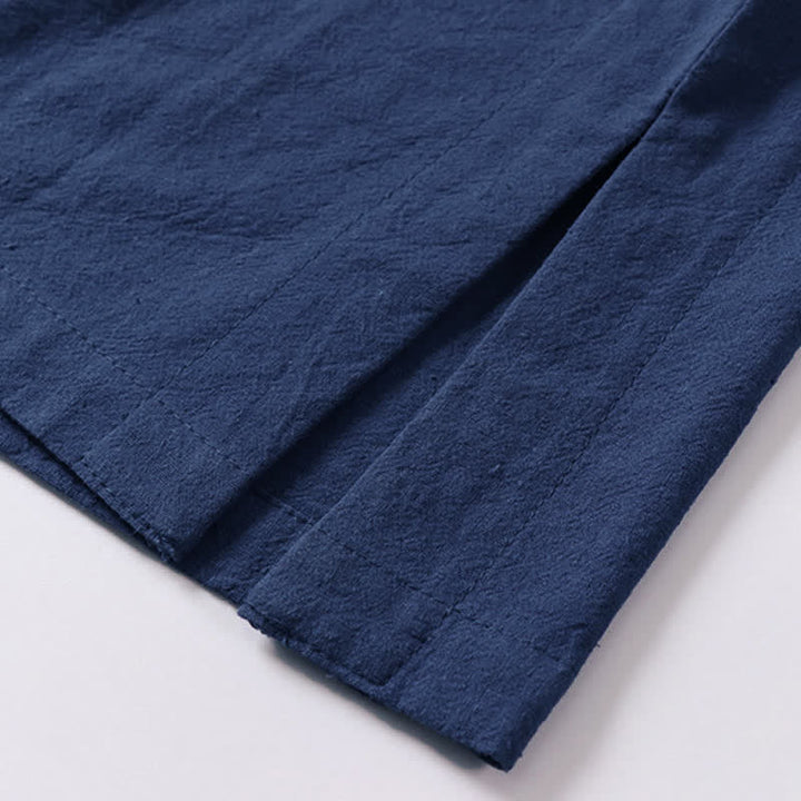 Buddha Stones Jednokolorowa męska koszulka z bawełny i lnu z krótkim rękawem i kołnierzykiem z wycięciem w kształcie żaby - image 10