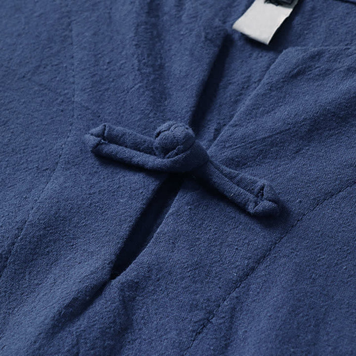 Buddha Stones Jednokolorowa męska koszulka z bawełny i lnu z krótkim rękawem i kołnierzykiem z wycięciem w kształcie żaby - image 6