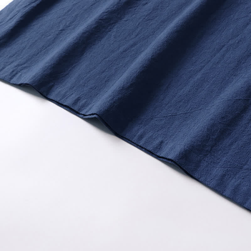 Buddha Stones Jednokolorowa męska koszulka z bawełny i lnu z krótkim rękawem i kołnierzykiem z wycięciem w kształcie żaby - image 9