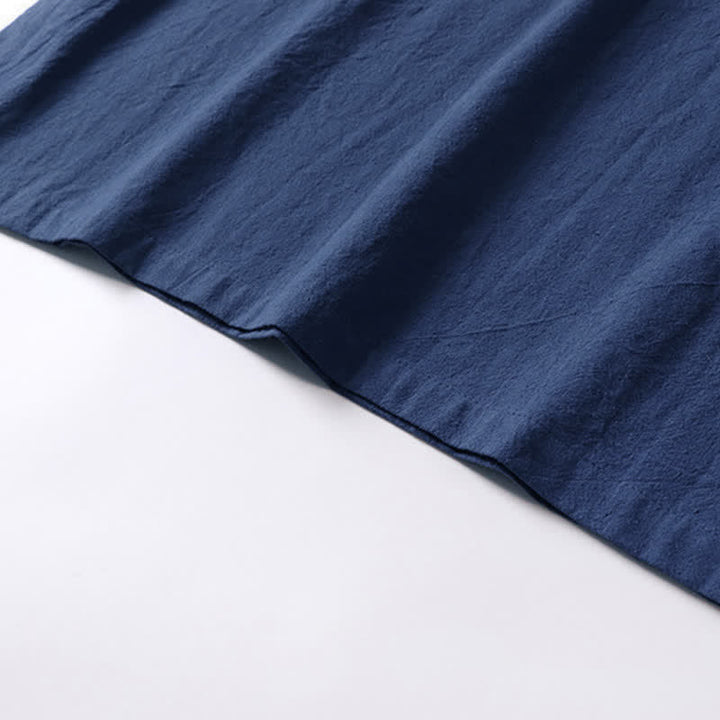 Buddha Stones Jednokolorowa męska koszulka z bawełny i lnu z krótkim rękawem i kołnierzykiem z wycięciem w kształcie żaby - image 9