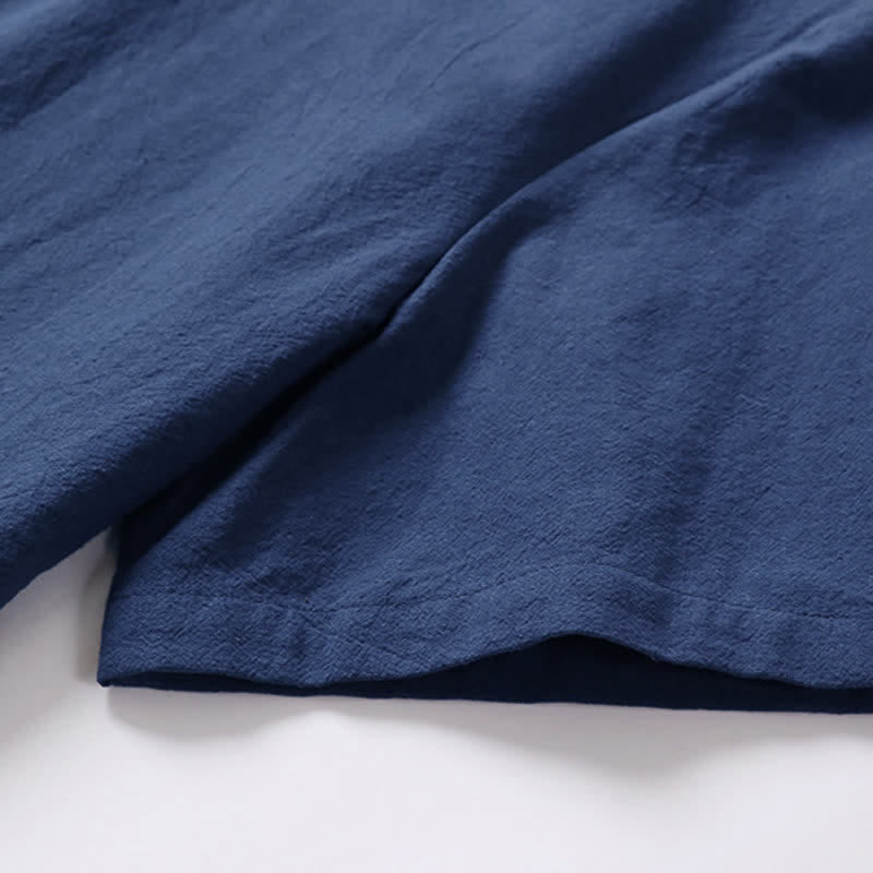 Buddha Stones Jednokolorowa męska koszulka z bawełny i lnu z krótkim rękawem i kołnierzykiem z wycięciem w kształcie żaby - image 8