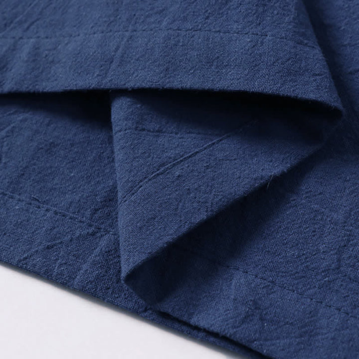 Buddha Stones Jednokolorowa męska koszulka z bawełny i lnu z krótkim rękawem i kołnierzykiem z wycięciem w kształcie żaby - image 11