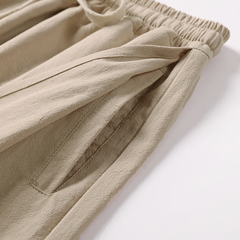 Buddha Stones Letnie, haftowane, bawełniane, lniane spodnie męskie z szerokimi nogawkami i kieszeniami - image 8