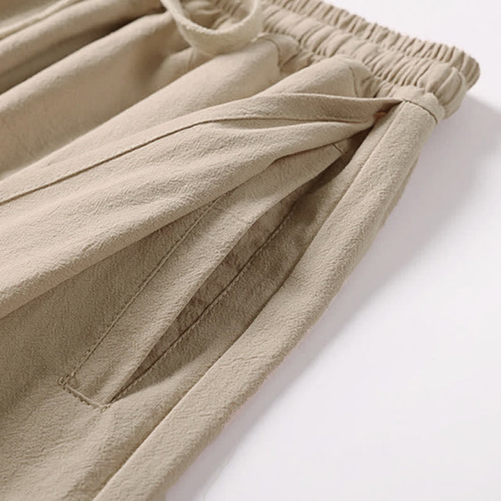 Buddha Stones Letnie, haftowane, bawełniane, lniane spodnie męskie z szerokimi nogawkami i kieszeniami - image 8