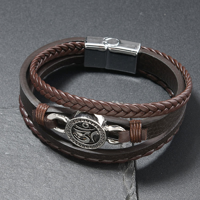 Bransoletka ze skóry plecionej w stylu retro, wielowarstwowa, grawerowana, z Buddha Stones Om - Skóra w kolorze kawy (obwód nadgarstka: 18-19 cm) - image 3