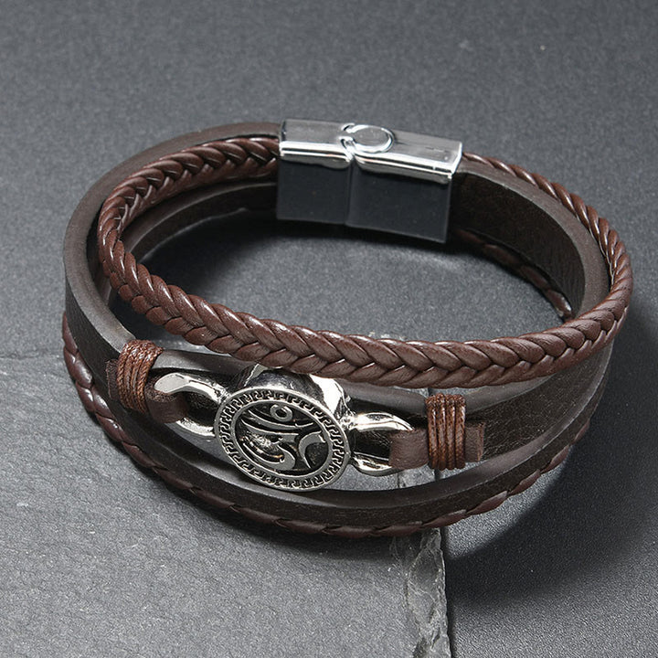 Bransoletka ze skóry plecionej w stylu retro, wielowarstwowa, grawerowana, z Buddha Stones Om - Skóra w kolorze kawy (obwód nadgarstka: 18-19 cm) - image 3