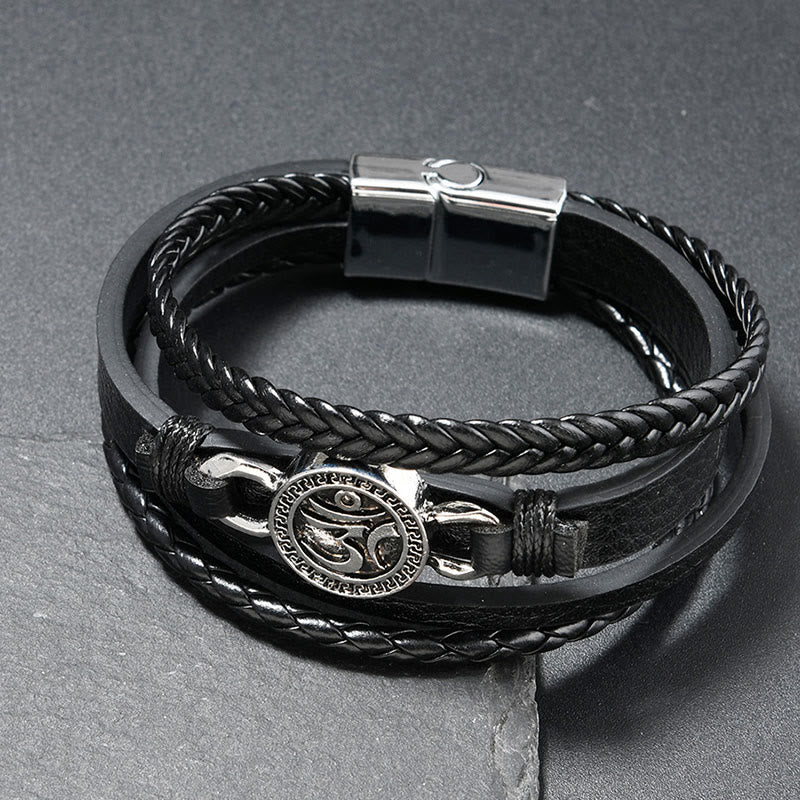 Bransoletka ze skóry plecionej w stylu retro, wielowarstwowa, grawerowana, z Buddha Stones Om - Czarna skóra (obwód nadgarstka: 18-19 cm) - image 1