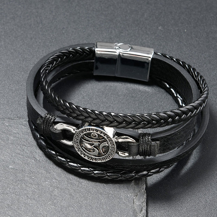 Bransoletka ze skóry plecionej w stylu retro, wielowarstwowa, grawerowana, z Buddha Stones Om - Czarna skóra (obwód nadgarstka: 18-19 cm) - image 1