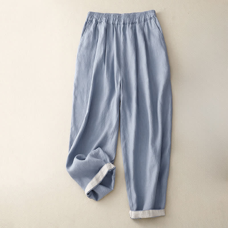 Buddha Stones Letnie, proste, elastyczne spodnie damskie z mankietami w dwóch kolorach, skrócone, zwężane, z kieszeniami - image 0