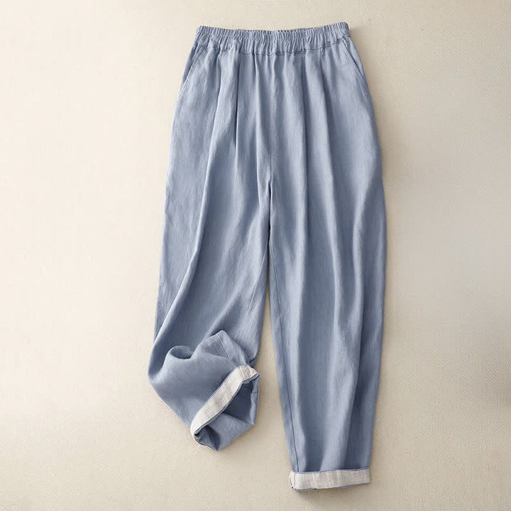 Buddha Stones Letnie, proste, elastyczne spodnie damskie z mankietami w dwóch kolorach, skrócone, zwężane, z kieszeniami - image 0