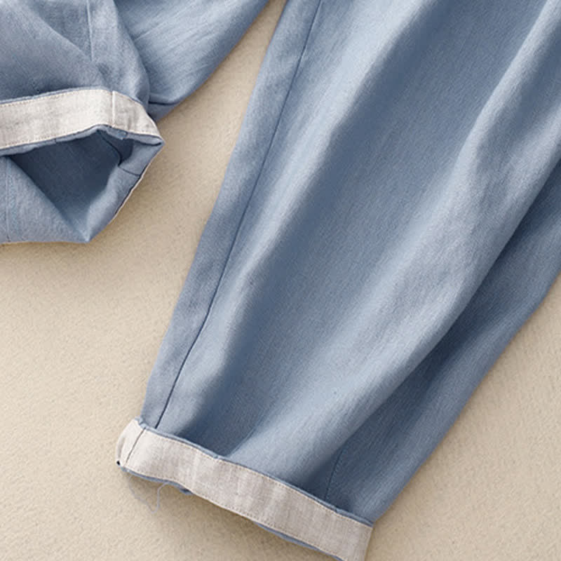 Buddha Stones Letnie, proste, elastyczne spodnie damskie z mankietami w dwóch kolorach, skrócone, zwężane, z kieszeniami - image 4