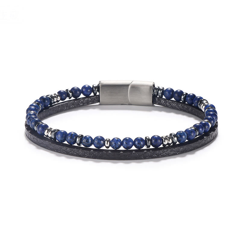 Buddha Stones Bransoletka skórzana z koralikami z lapis lazuli i tygrysiego oka - Lapis Lazuli (obwód nadgarstka: 18-19 cm) - Koraliki okrągłe Koraliki dystansowe okrągłe - image 1