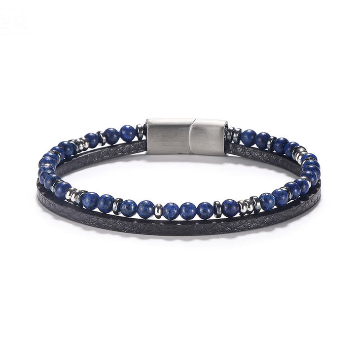 Buddha Stones Bransoletka skórzana z koralikami z lapis lazuli i tygrysiego oka - Lapis Lazuli (obwód nadgarstka: 18-19 cm) - Koraliki okrągłe Koraliki dystansowe okrągłe - image 1