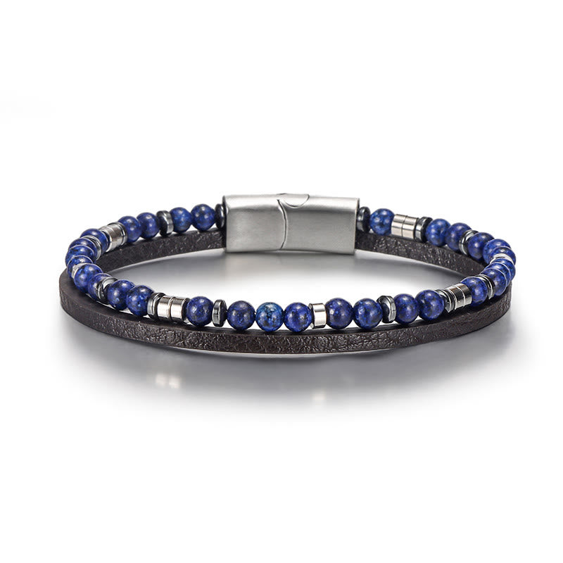 Buddha Stones Bransoletka skórzana z koralikami z lapis lazuli i tygrysiego oka - Lapis Lazuli (obwód nadgarstka: 18-19 cm) - Koraliki okrągłe, płaskie, dystansowe - image 2
