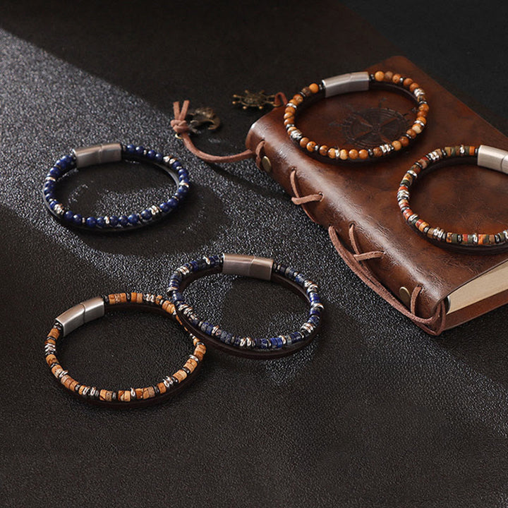 Buddha Stones Bransoletka skórzana z koralikami z lapis lazuli i tygrysiego oka - image 10