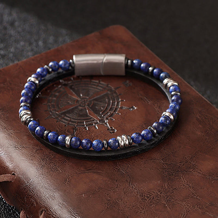 Buddha Stones Bransoletka skórzana z koralikami z lapis lazuli i tygrysiego oka - image 0