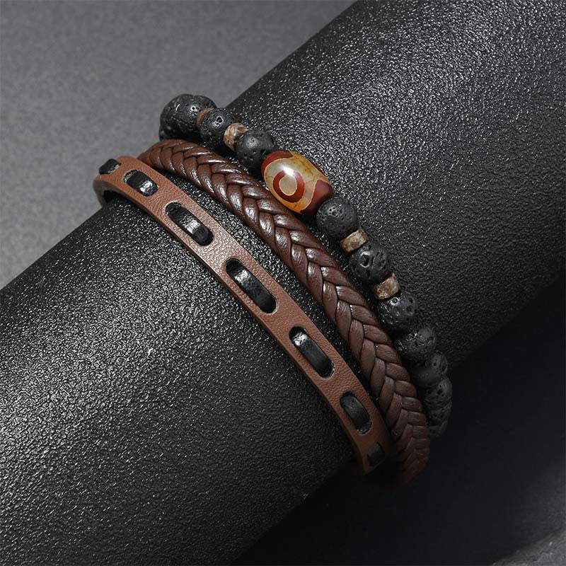 Buddha Stones Bransoletka z wielowarstwowej plecionej skóry Dzi Bead Lava Rock Wealth - image 4
