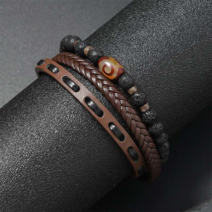 Buddha Stones Bransoletka z wielowarstwowej plecionej skóry Dzi Bead Lava Rock Wealth - image 4