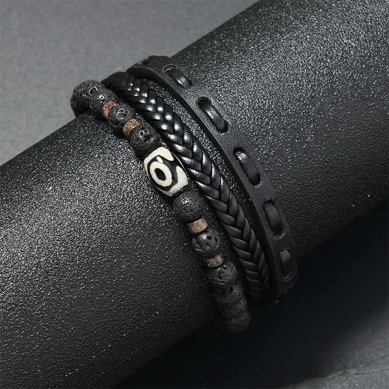 Buddha Stones Bransoletka z wielowarstwowej plecionej skóry Dzi Bead Lava Rock Wealth - image 1