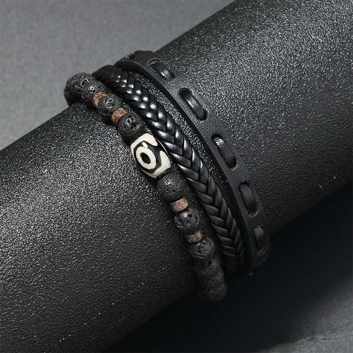 Buddha Stones Bransoletka z wielowarstwowej plecionej skóry Dzi Bead Lava Rock Wealth - image 1