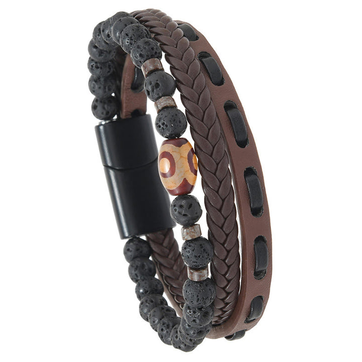 Buddha Stones Bransoletka z wielowarstwowej plecionej skóry Dzi Bead Lava Rock Wealth - image 7
