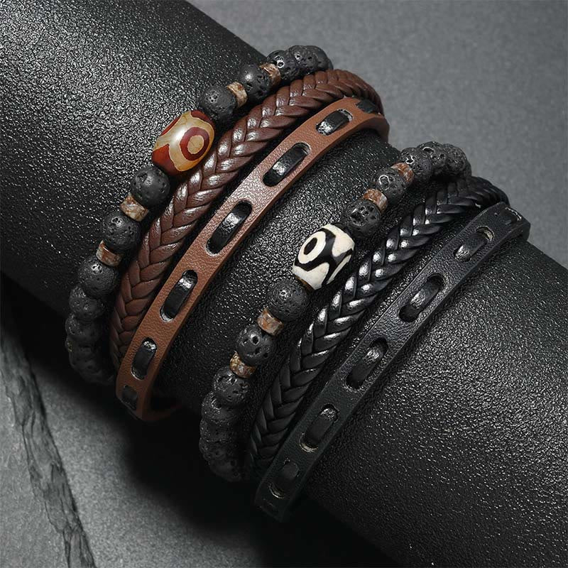 Buddha Stones Bransoletka z wielowarstwowej plecionej skóry Dzi Bead Lava Rock Wealth - image 9