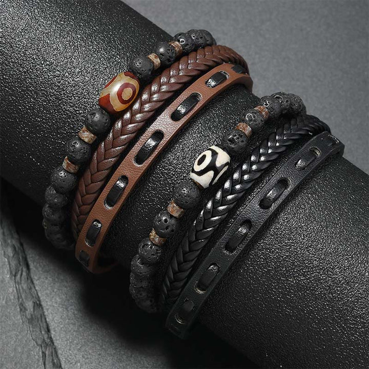 Buddha Stones Bransoletka z wielowarstwowej plecionej skóry Dzi Bead Lava Rock Wealth - image 9