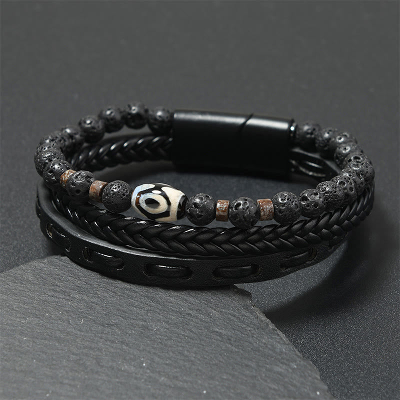 Buddha Stones Bransoletka z wielowarstwowej plecionej skóry Dzi Bead Lava Rock Wealth - Czarna skóra (obwód nadgarstka: 18-19 cm) - image 0