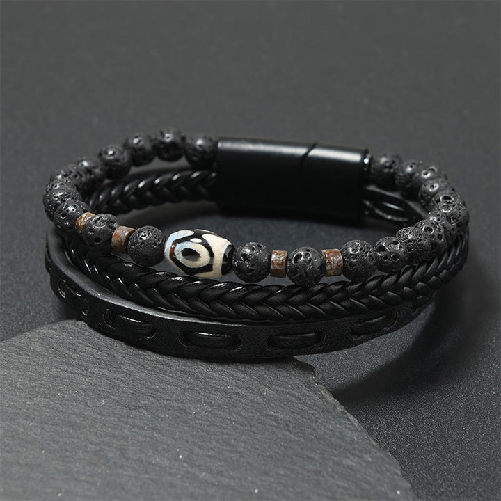 Buddha Stones Bransoletka z wielowarstwowej plecionej skóry Dzi Bead Lava Rock Wealth - Czarna skóra (obwód nadgarstka: 18-19 cm) - image 0