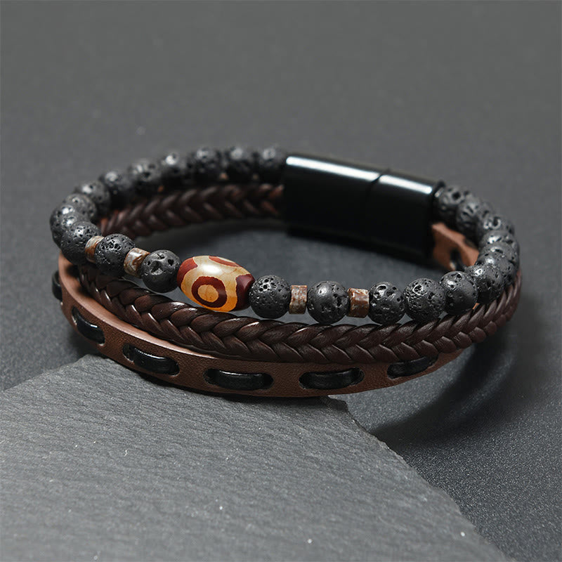Buddha Stones Bransoletka z wielowarstwowej plecionej skóry Dzi Bead Lava Rock Wealth - Skóra w kolorze kawy (obwód nadgarstka: 18-19 cm) - image 3