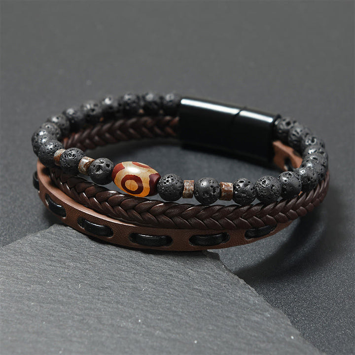 Buddha Stones Bransoletka z wielowarstwowej plecionej skóry Dzi Bead Lava Rock Wealth - Skóra w kolorze kawy (obwód nadgarstka: 18-19 cm) - image 3