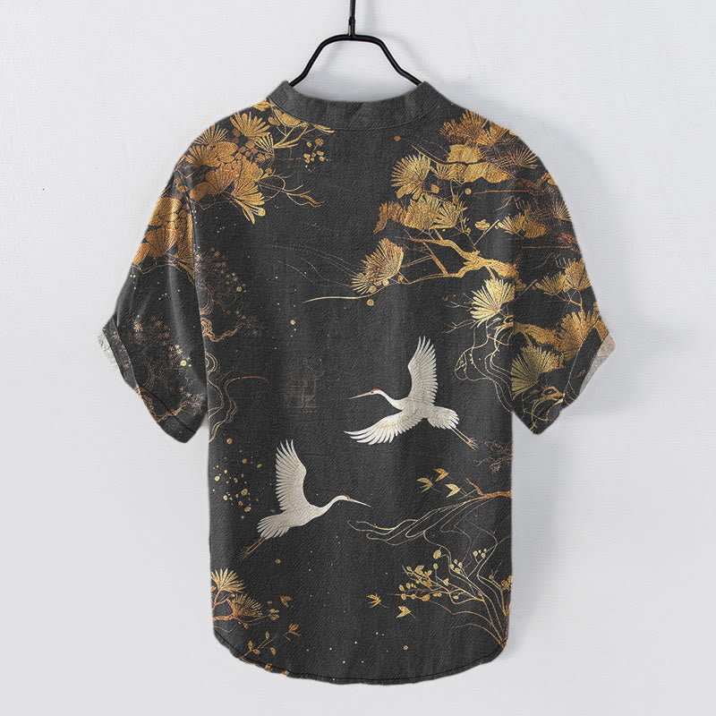 Buddha Stones Koszula męska z krótkim rękawem i krótkim guzikiem, bawełniana, z wzorem sosny i białego żurawia - image 1