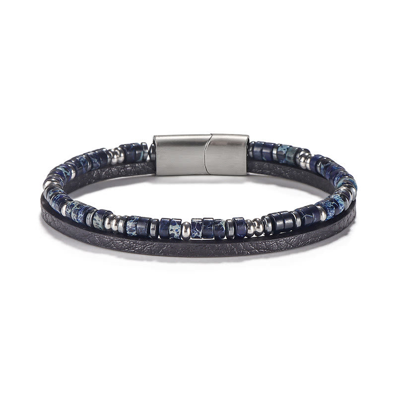 Buddha Stones Bransoletka skórzana z koralikami z lapis lazuli i tygrysiego oka - Lapis Lazuli (obwód nadgarstka: 18-19 cm) - Koraliki Rondelle, okrągłe koraliki dystansowe - image 3