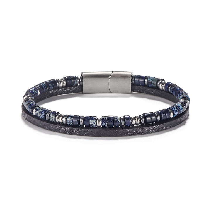 Buddha Stones Bransoletka skórzana z koralikami z lapis lazuli i tygrysiego oka - Lapis Lazuli (obwód nadgarstka: 18-19 cm) - Koraliki Rondelle, okrągłe koraliki dystansowe - image 3