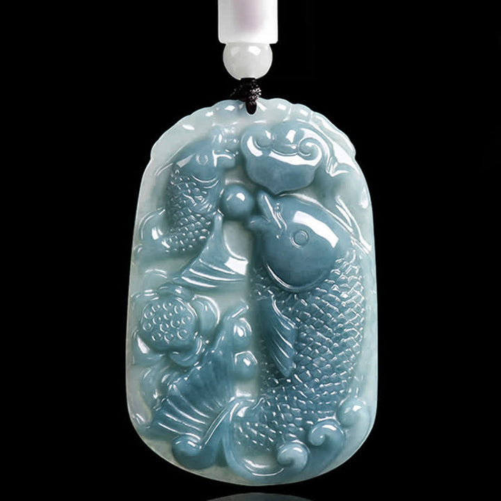 Buddha Stones Naszyjnik z podwójną liną z naturalnego jadeitu z motywem ryby Koi, symbolizujący dobrobyt - image 1