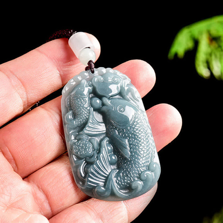 Buddha Stones Naszyjnik z podwójną liną z naturalnego jadeitu z motywem ryby Koi, symbolizujący dobrobyt - image 4