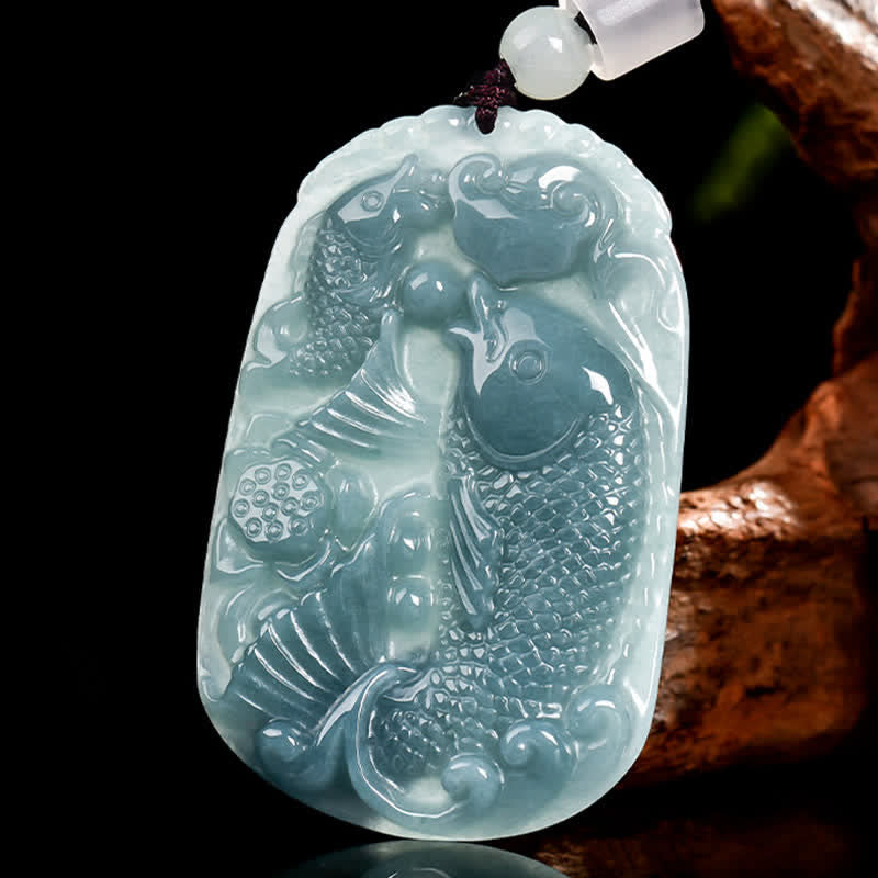 Buddha Stones Naszyjnik z podwójną liną z naturalnego jadeitu z motywem ryby Koi, symbolizujący dobrobyt - image 2